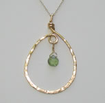 gold filled hammered teardrop pendant with green tourmaline briolette